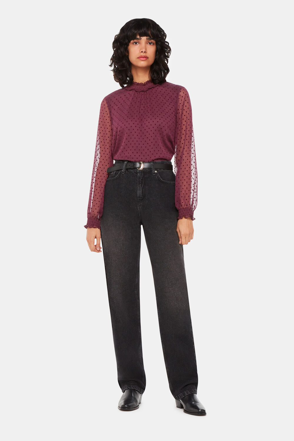 Burgundy Dobby Velvet Shirred Top