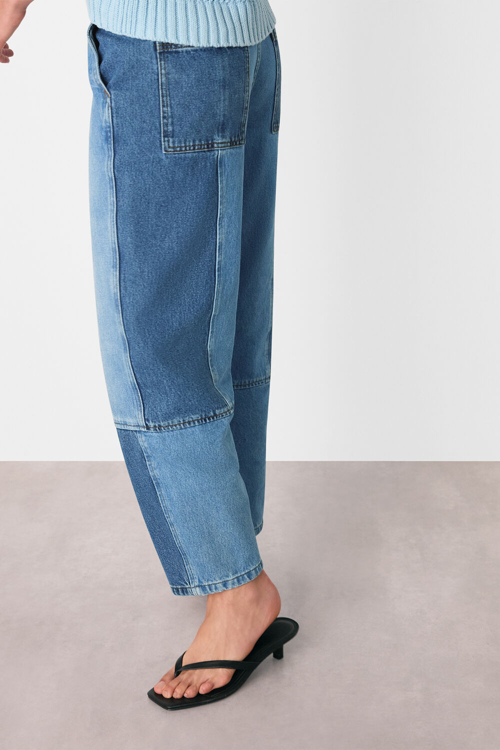 Denim Patchwork Barrel Leg Jean