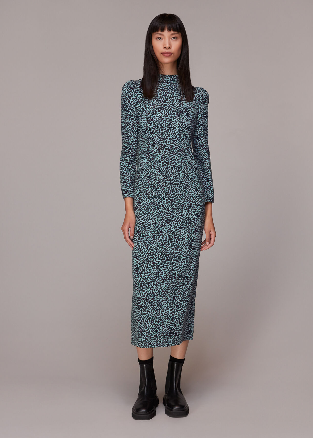 Blue/Multi Contrast Leopard Jersey Dress | WHISTLES | Whistles UK