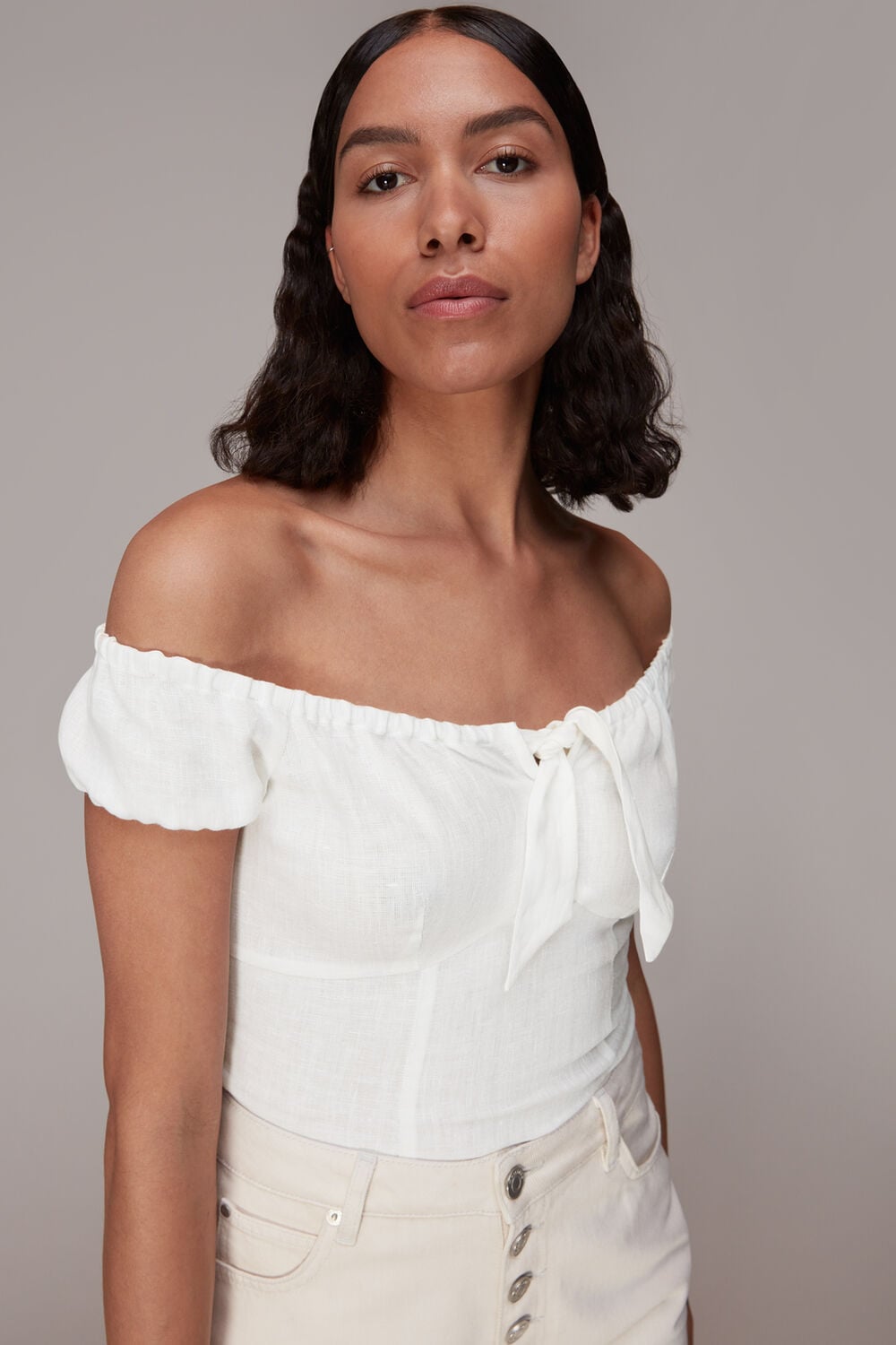 Ivory Off Shoulder Tie Front Top