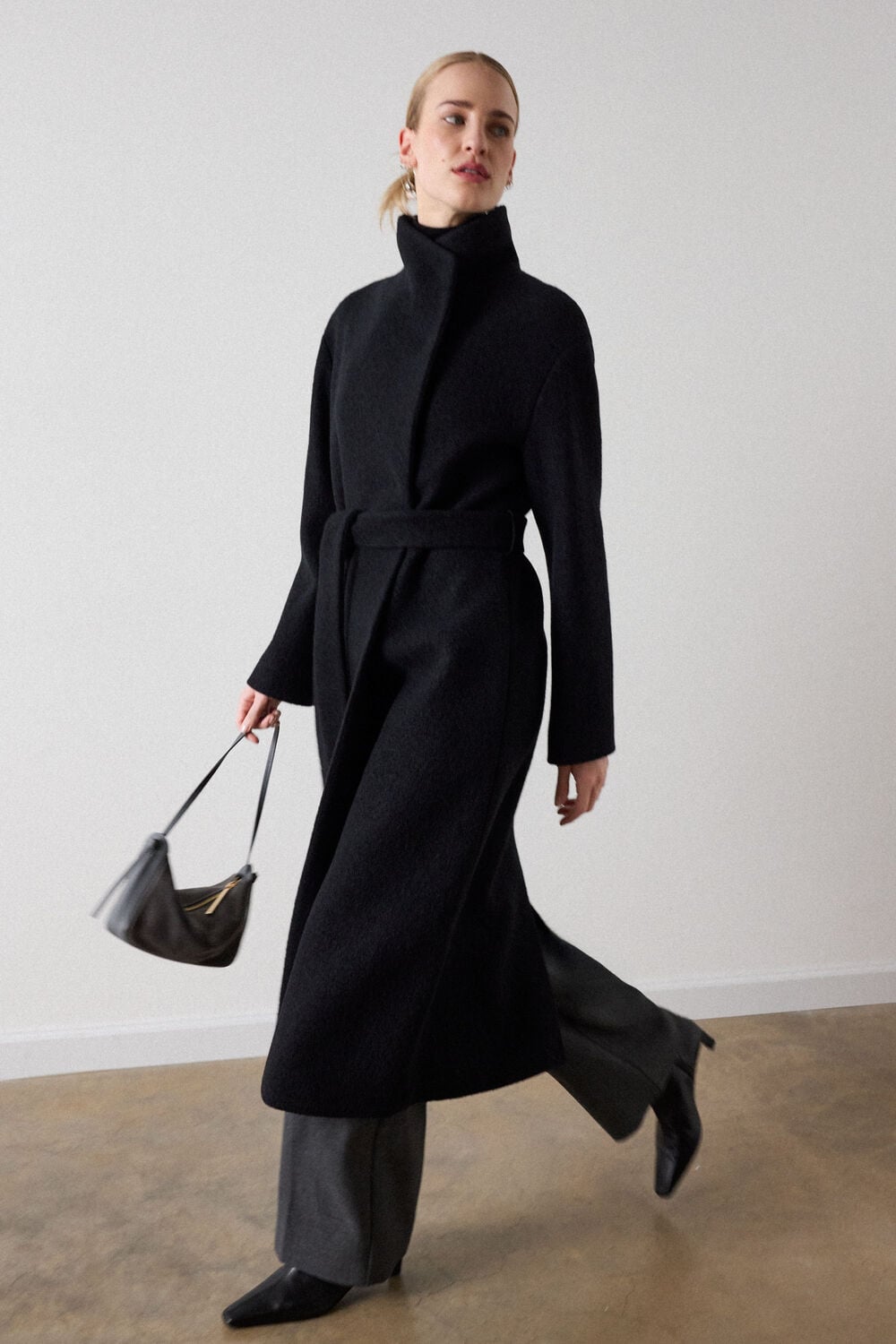 Black Petite Morgana Wool Funnel Wrap Coat