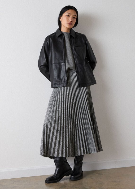Grey Check Pleated Midi Skirt