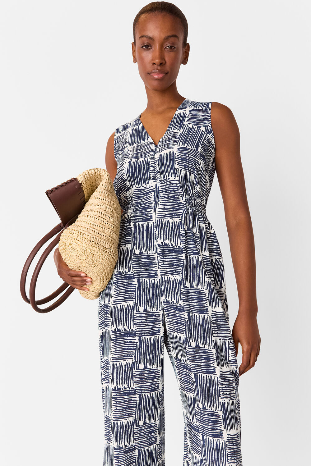 Navy Hatch Squares Jumpsuit