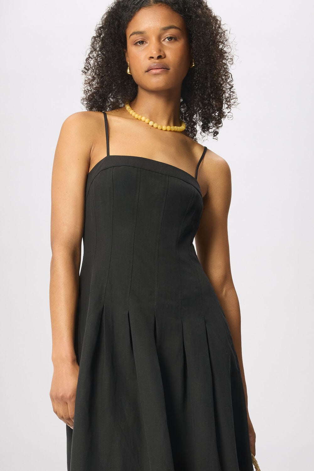Black Linen Blend Waisted Midi Dress
