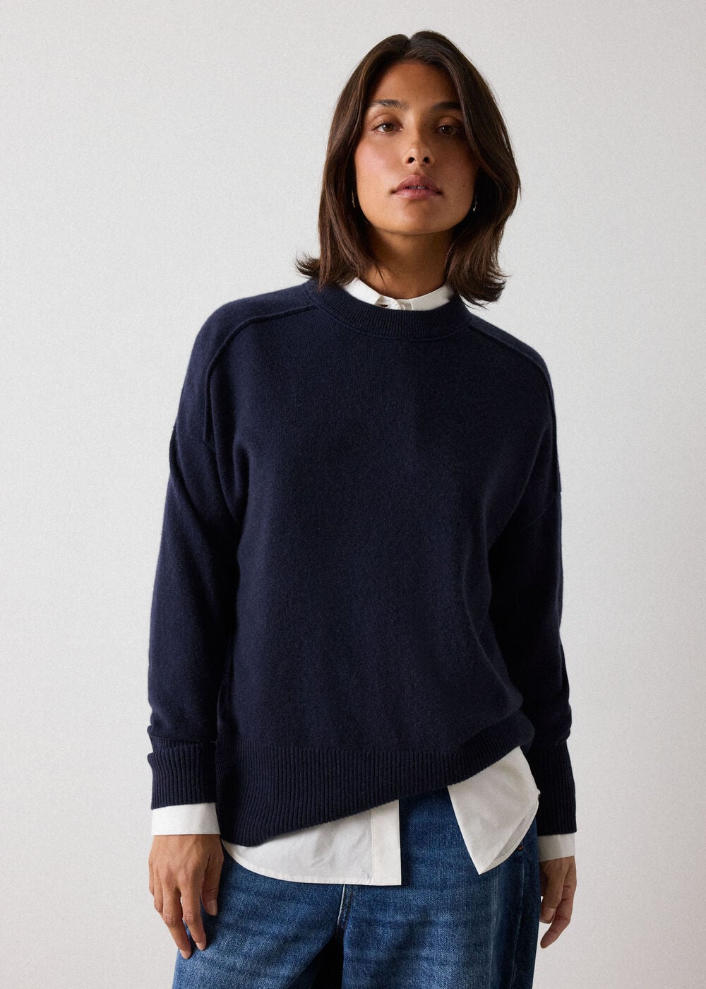 Navy Cashmere Seam Detail Crew Knit