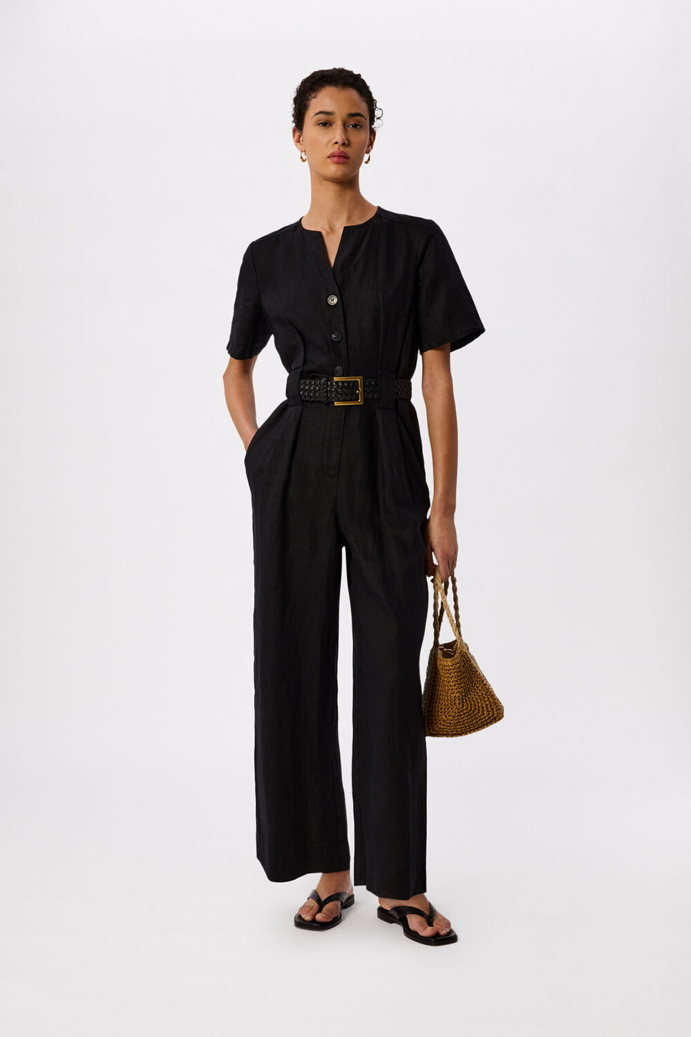 Black Fiona Linen Button Jumpsuit