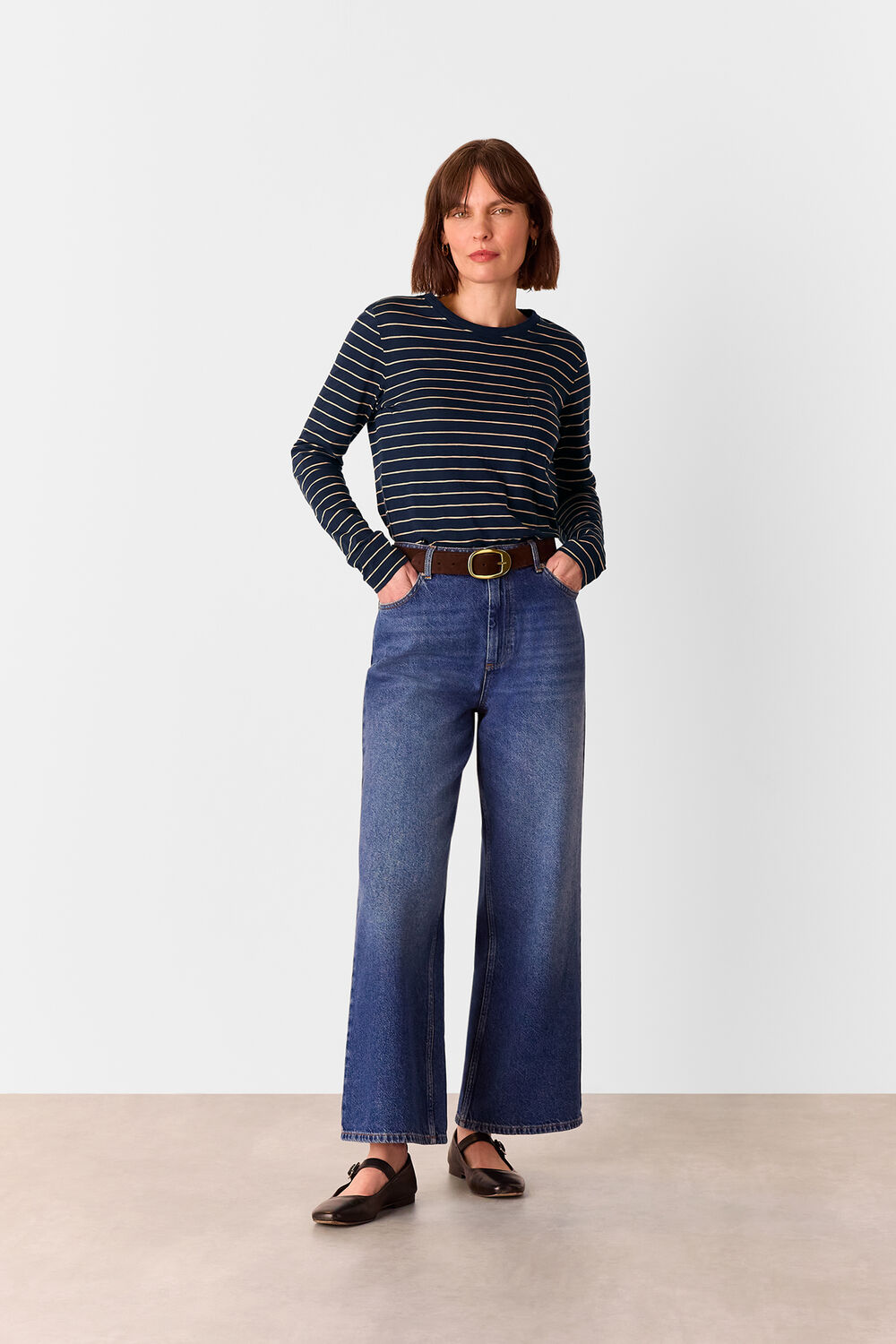 Crew Neck Stripe Pocket Top