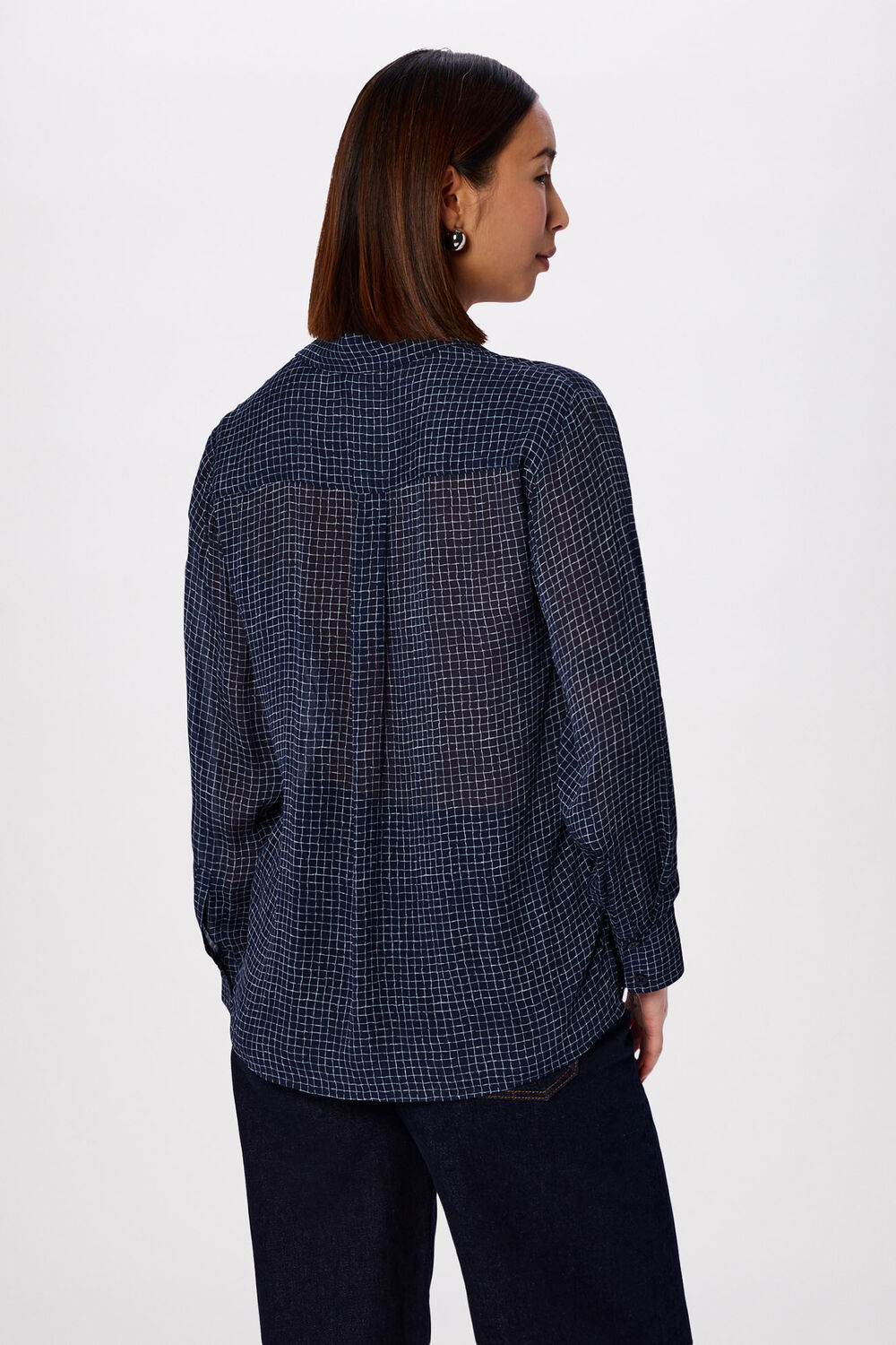 Navy Grid Print Sheer Shirt