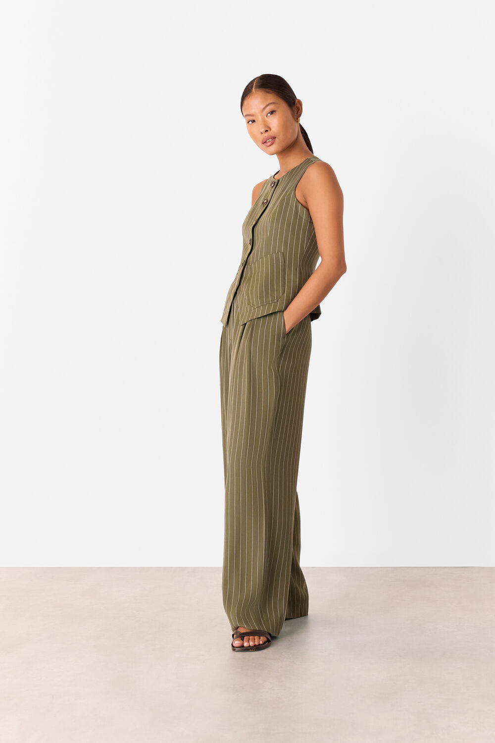 Khaki Petite Lottie Pinstripe Waistcoat