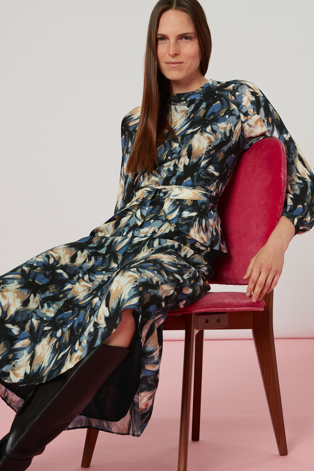 Storm Floral Silk Belted Dress