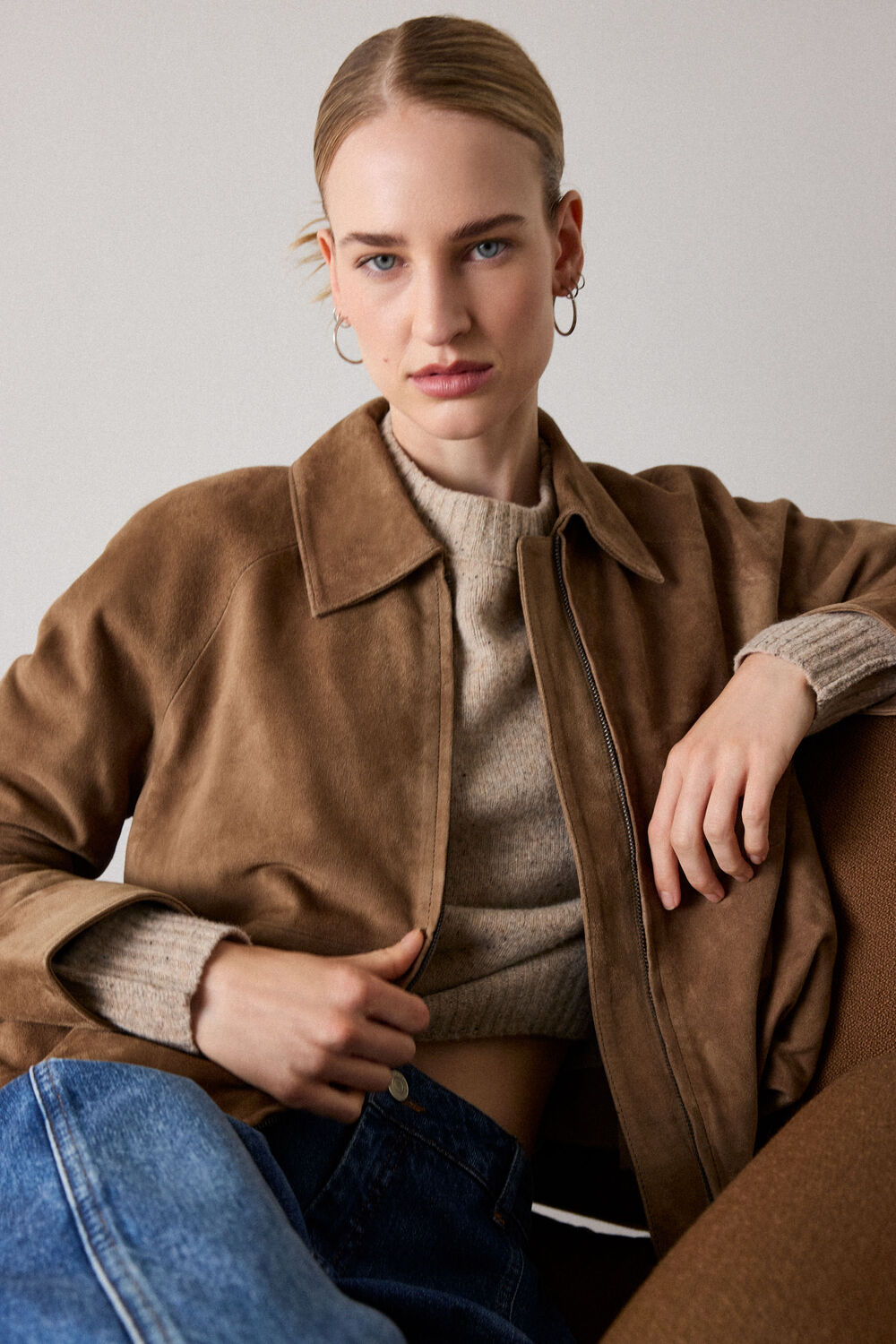 Taupe Gathered Suede Zip Jacket