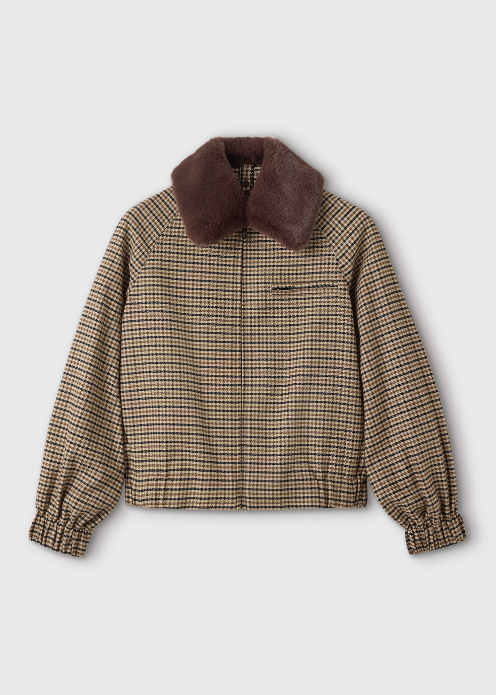 Brown Faux Fur Collar Check Bomber