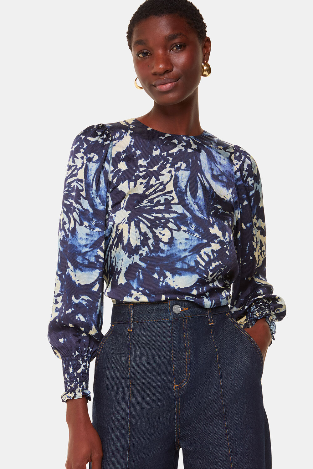 Navy Dazzled Floral Satin Blouse