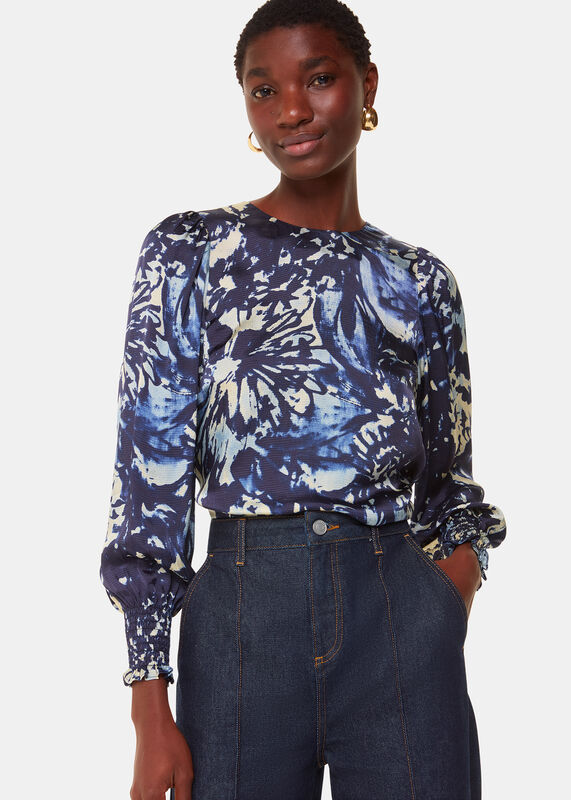 Navy Dazzled Floral Satin Blouse