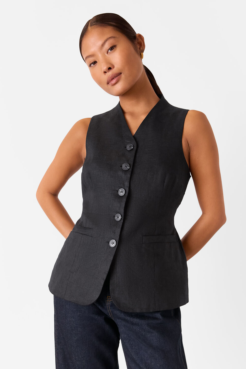 Black Petite Molly Linen Waistcoat