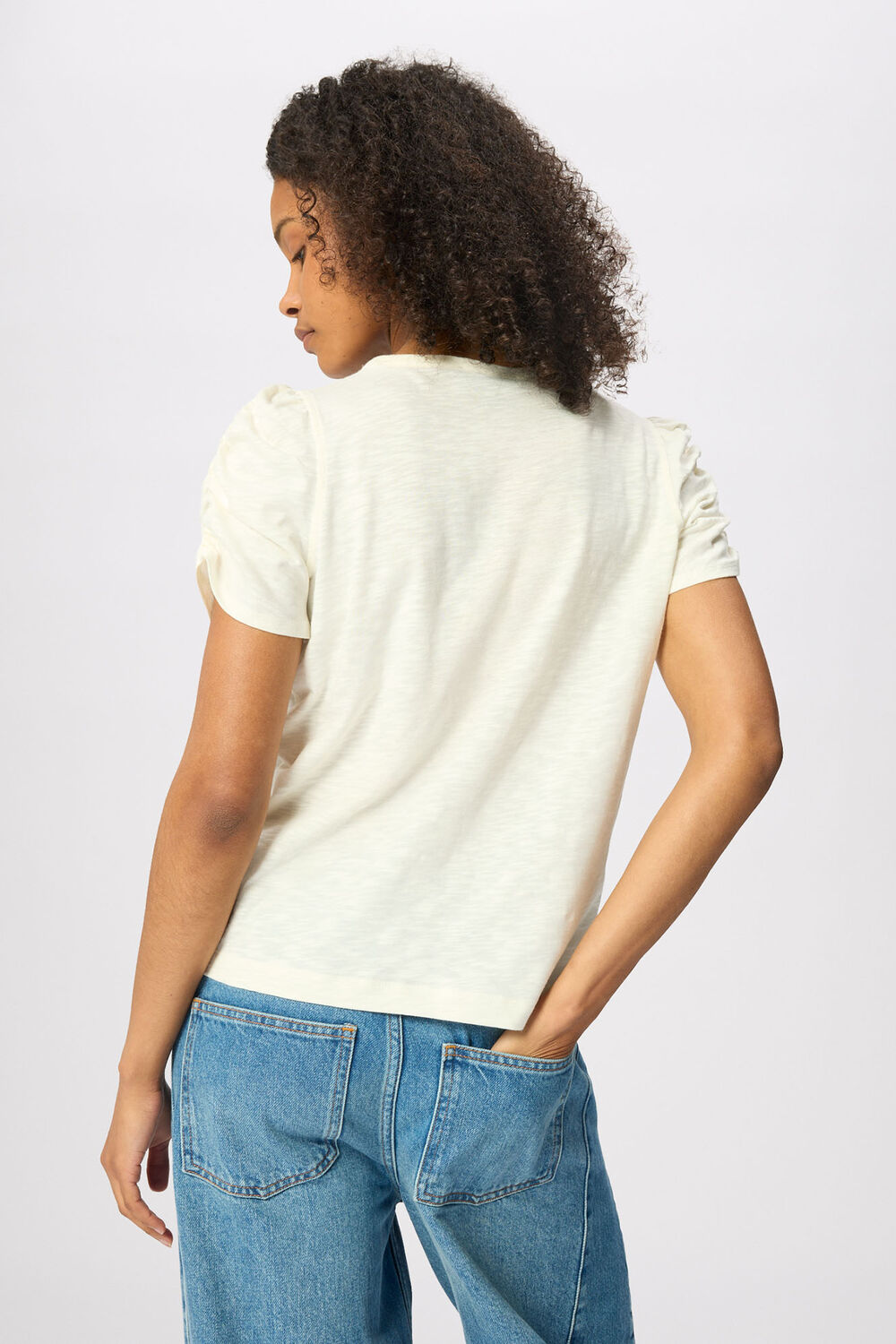 Ivory Round Neck Gathered Sleeve Tee