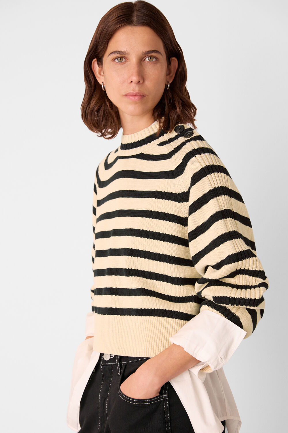 Ivory Stripe Detail Cotton Knit