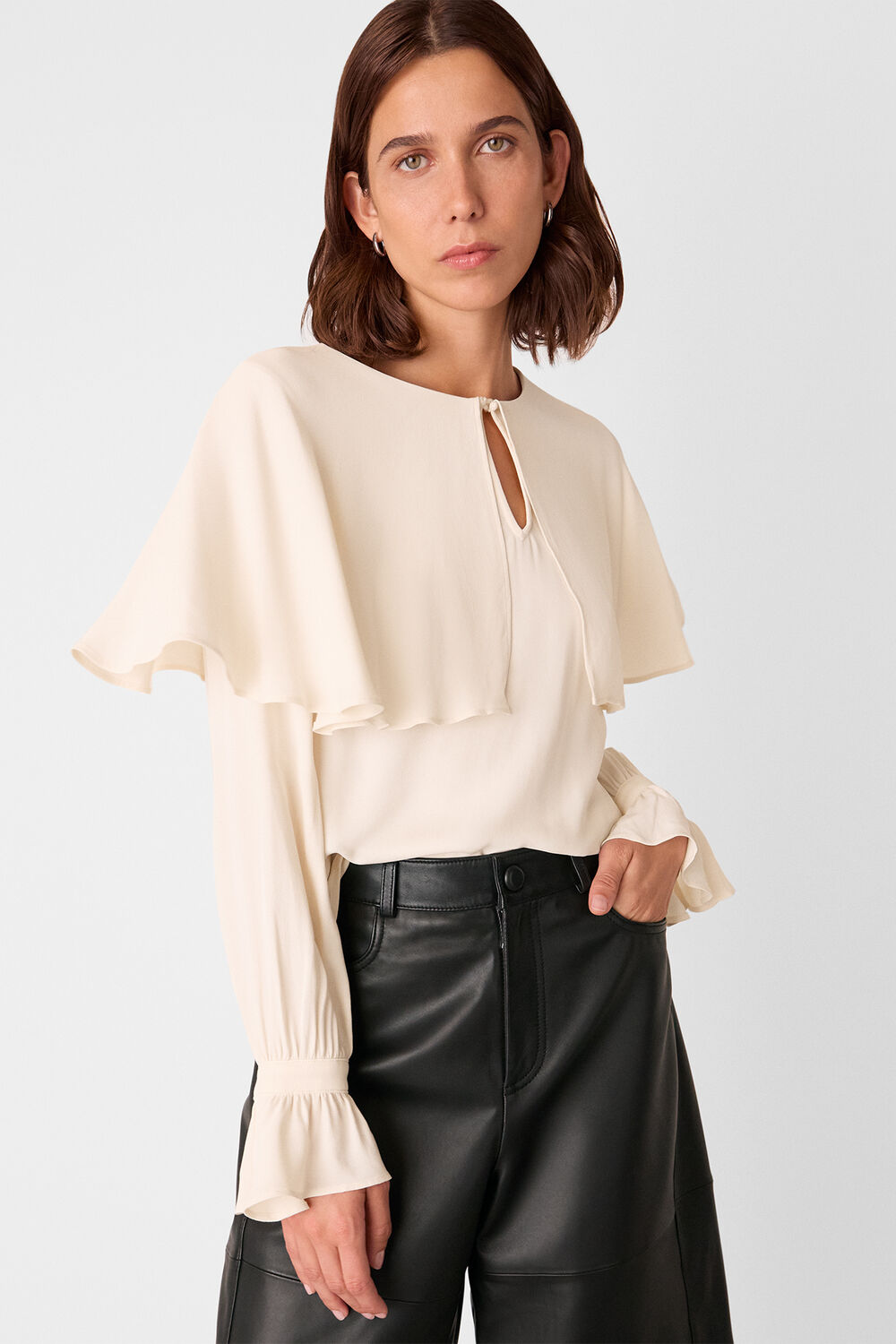 Ivory Cape Detail Crepe Blouse