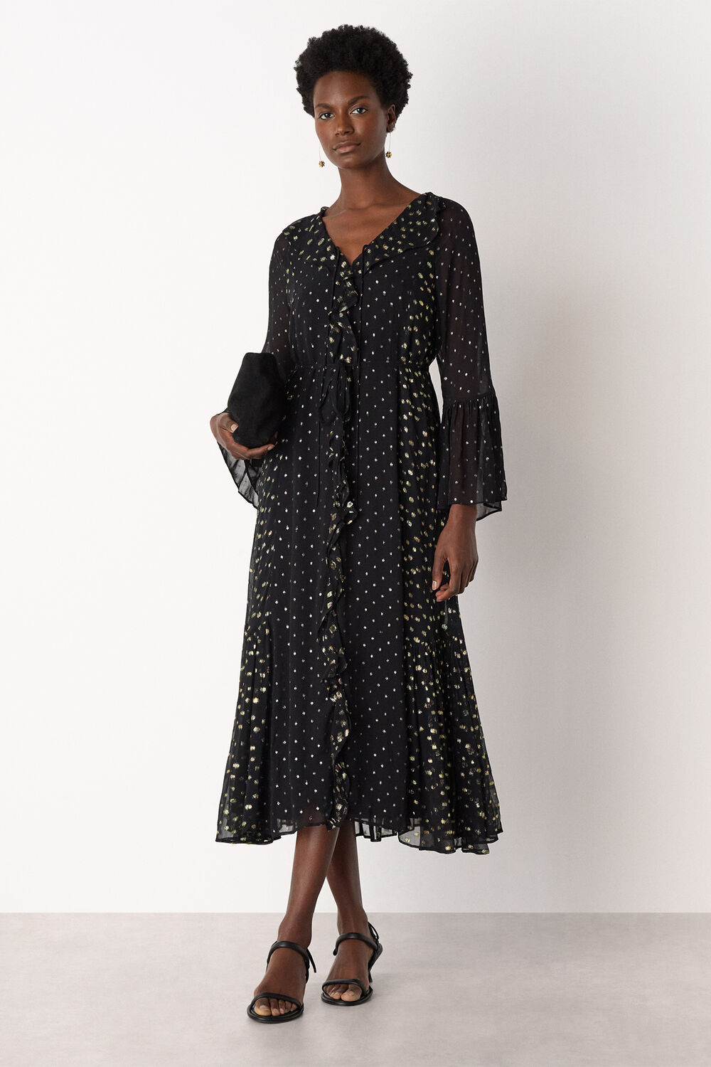 Black Metallic Dobby Ruffle Dress