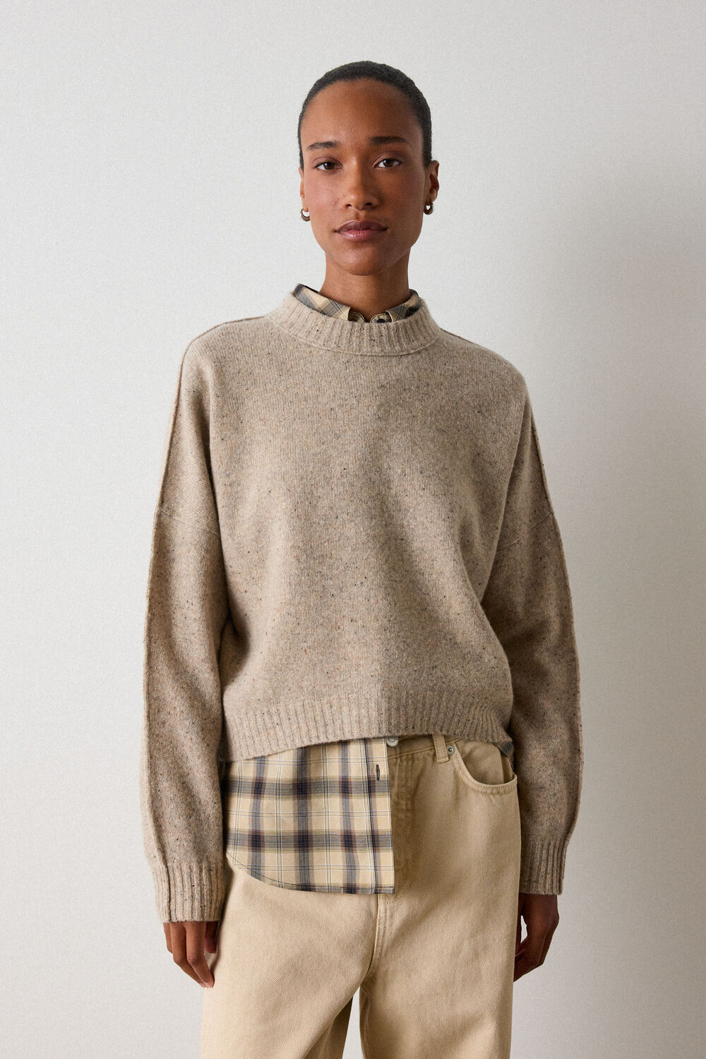 Neutral Wool Curved Hem Knit