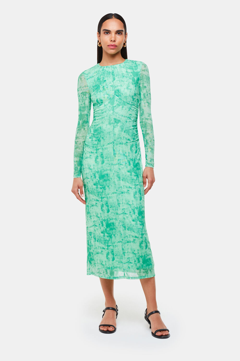 Green Brushwork Print Mesh Dress
