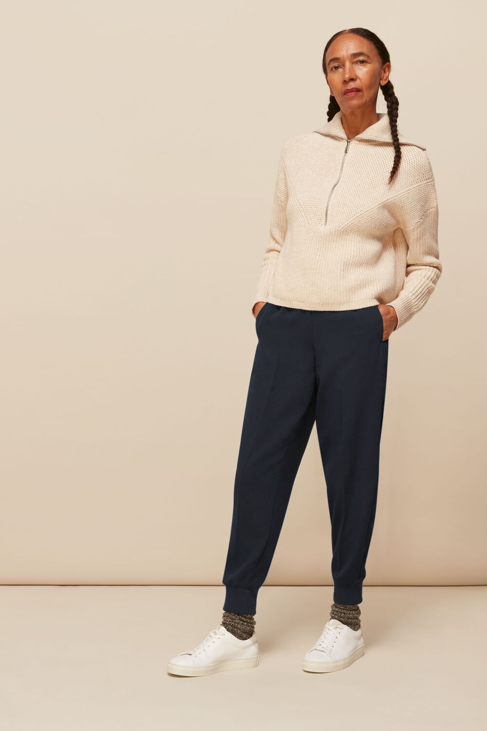 Navy Rib Cuffed Crepe Jogger