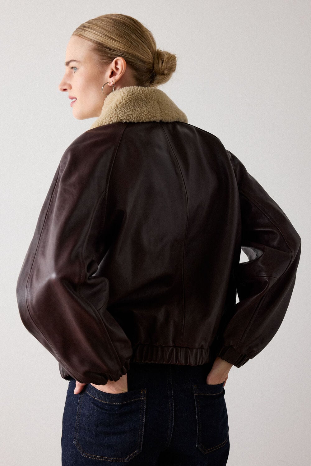 Burgundy Shearling Trim Leather Bomber