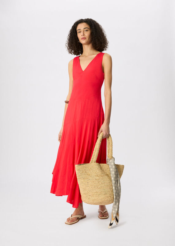 Red Sleeveless Tiered Midi Dress