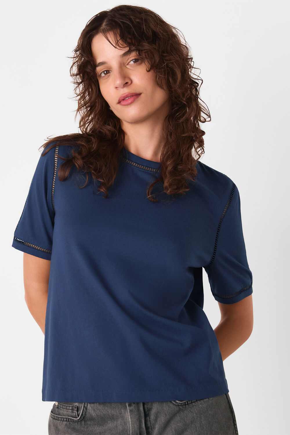Navy Broderie Trim Detail Tee