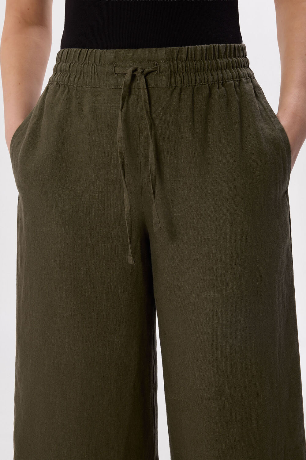 Khaki Elasticated Linen Crop Trouser