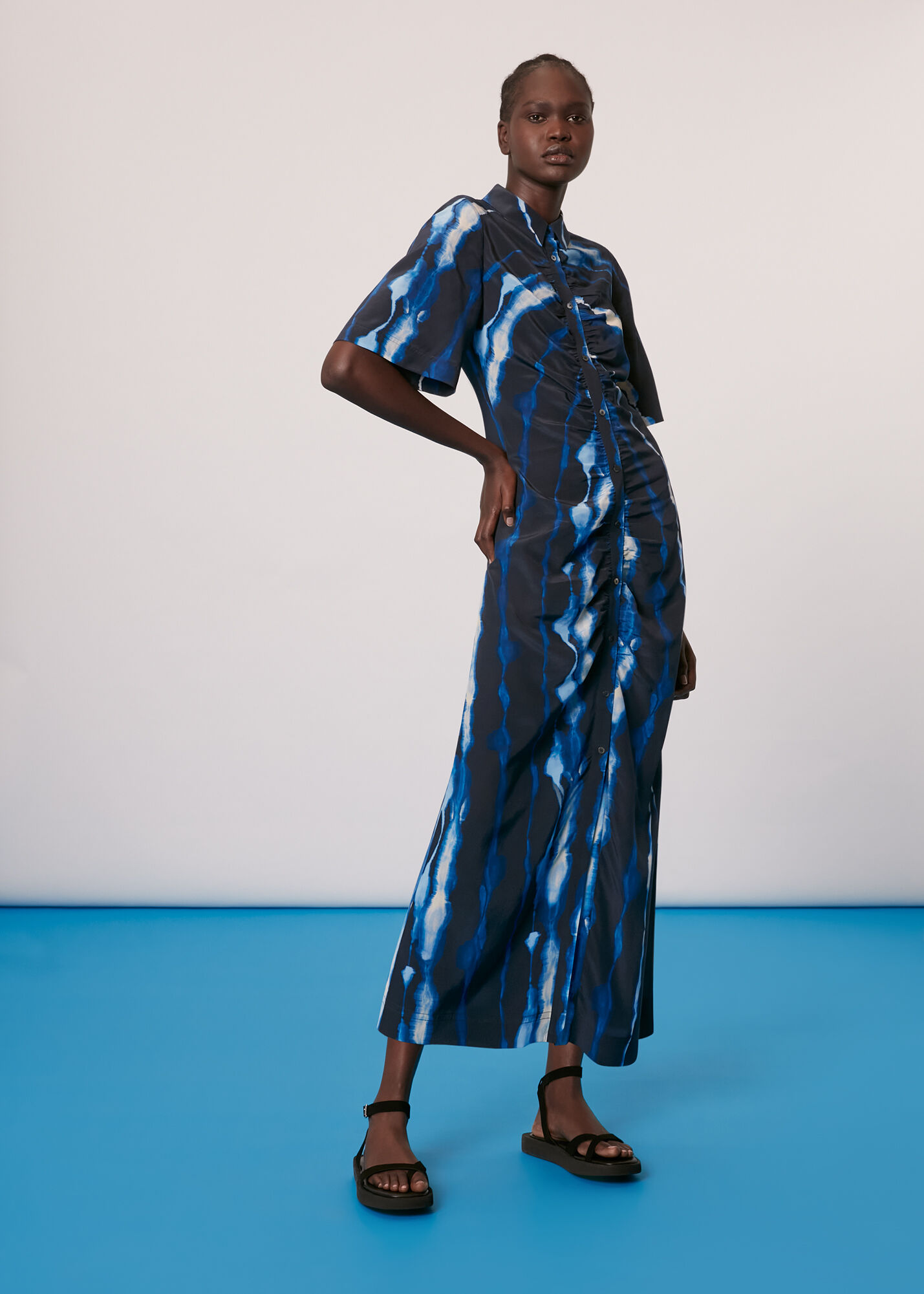 Blue/Multi Shibori Print Silk Midi Dress | WHISTLES | Whistles US |