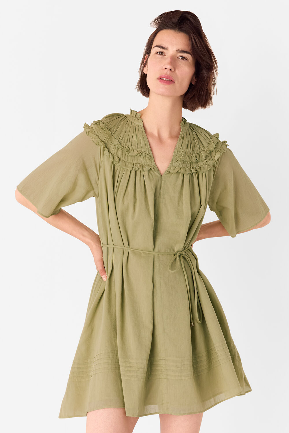 Khaki Cotton Frill Mini Dress