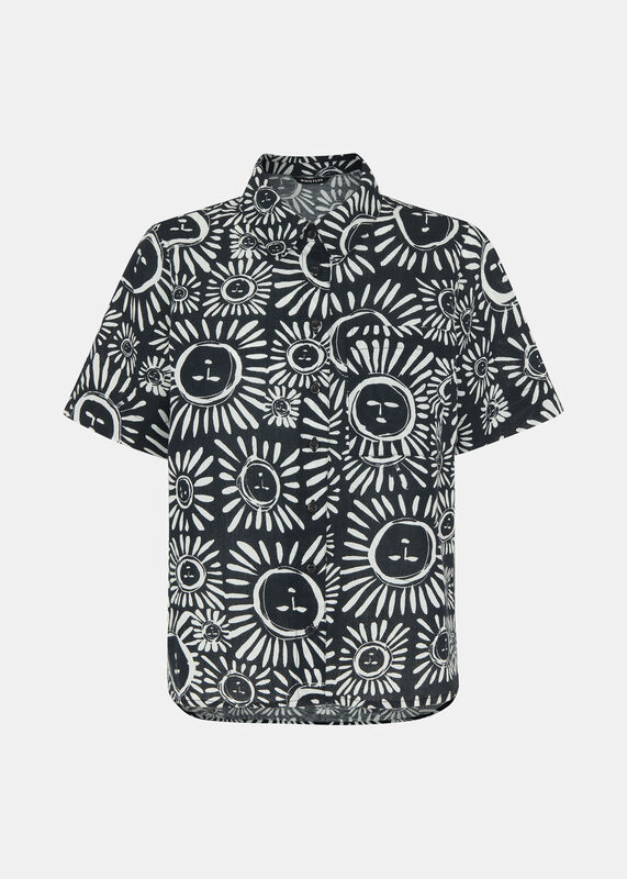 Black Sunman Print Bowling Shirt