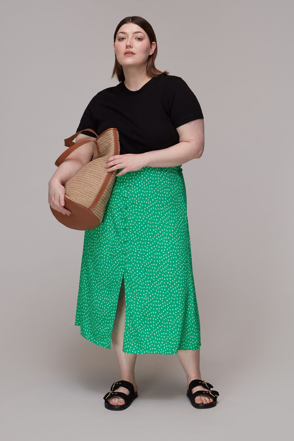 Green Spot Print Button Skirt