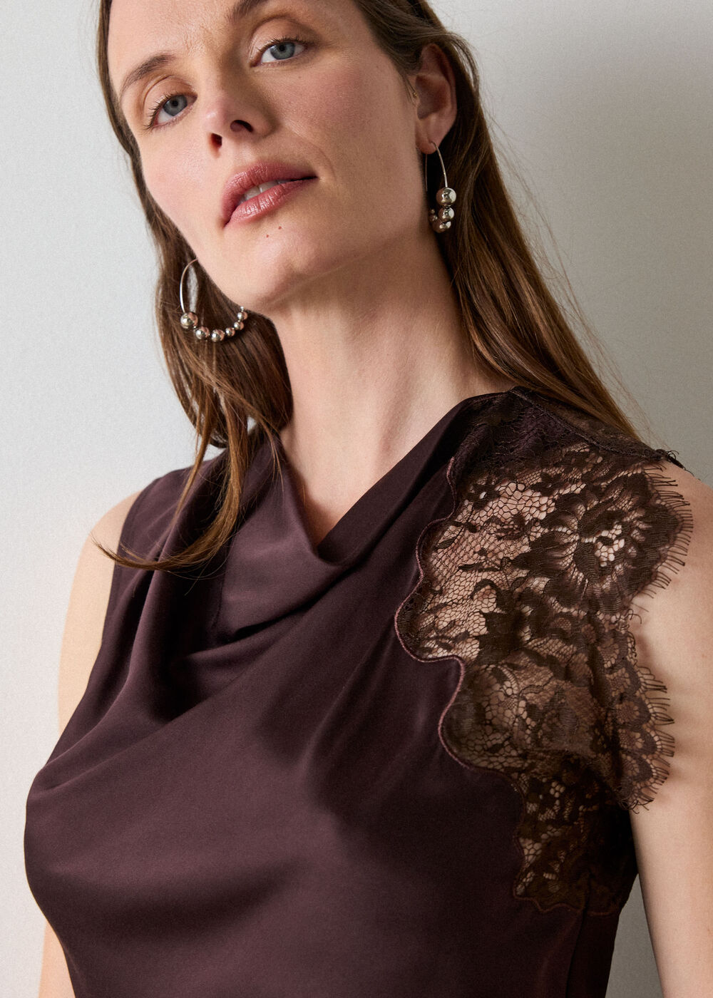 Chocolate Lace Asymmetric Satin Top