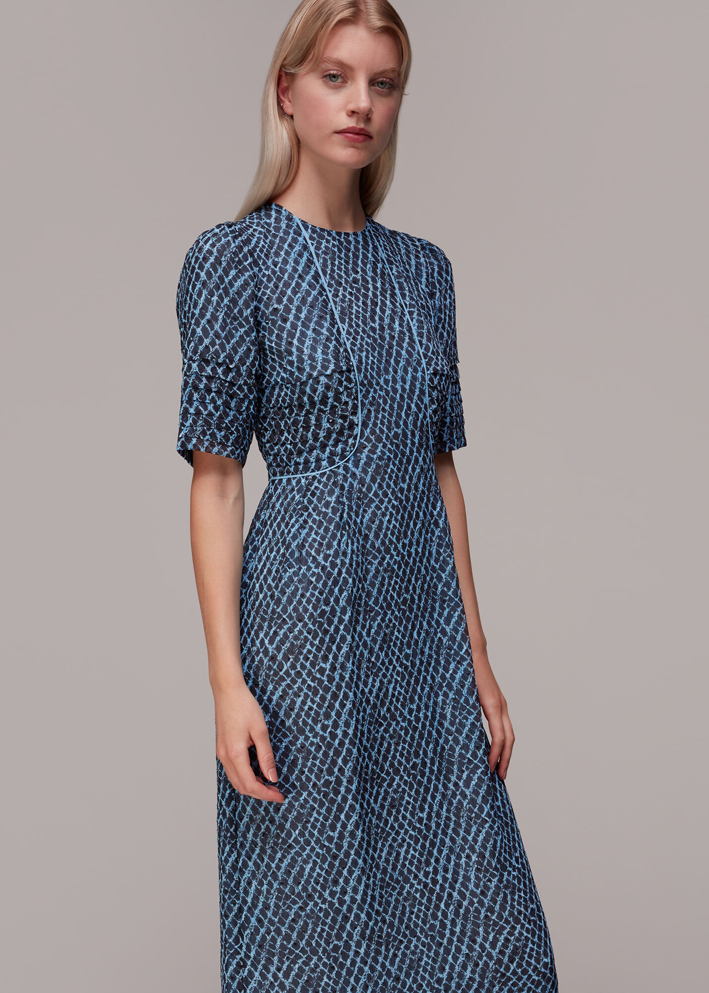Blue Brushed Geo Print Dobby Dress