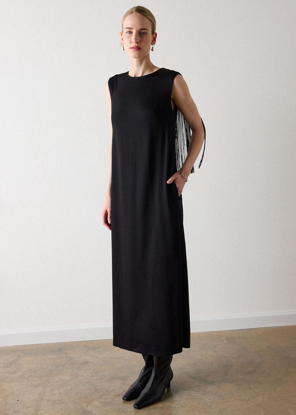Black Fringe Back Midi Dress