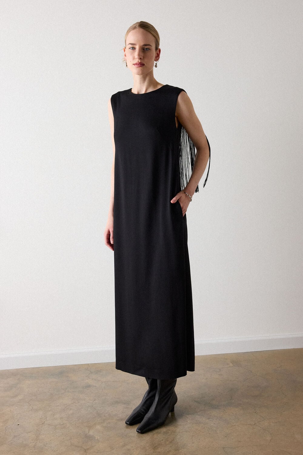Black Fringe Back Midi Dress