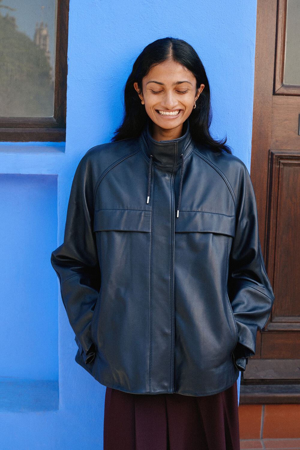 Navy Leather Funnel Neck Anorak