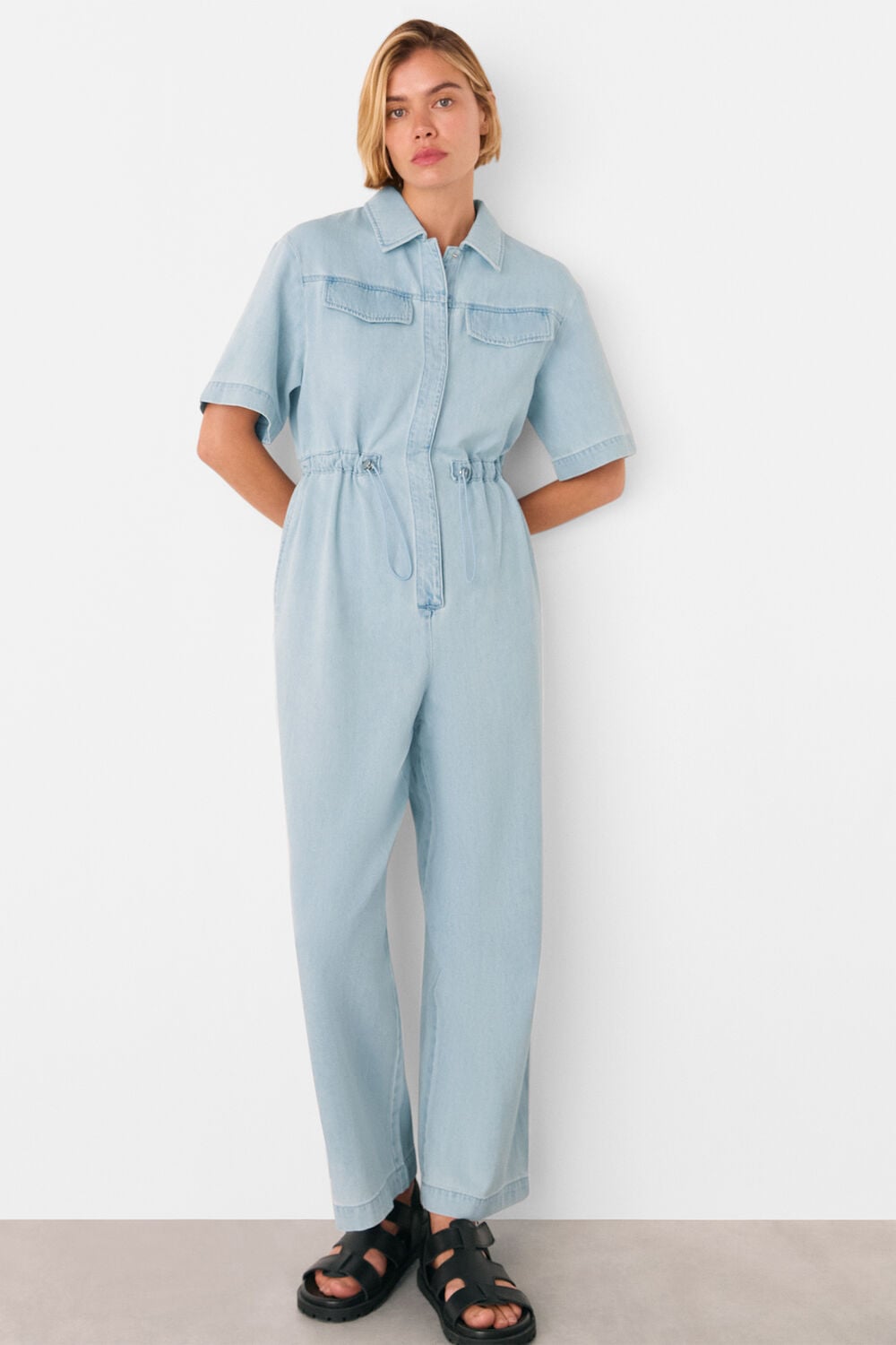 Denim Short Sleeve Utility Jumpsuit