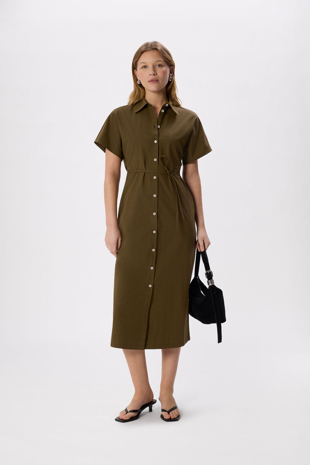 Khaki Cut Out Back Poplin Midi Dress