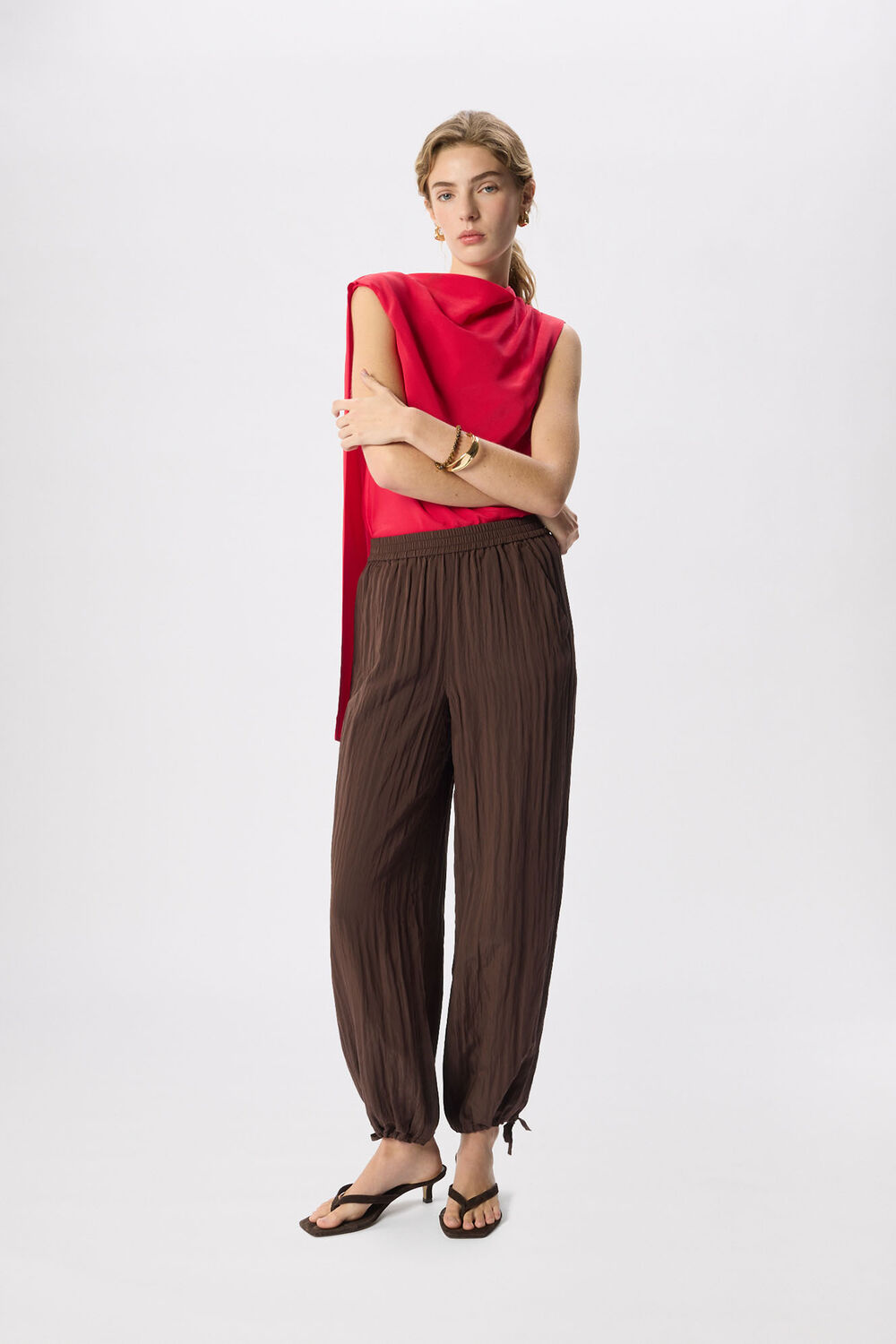 Red Cowl Neck Silk Drape Top