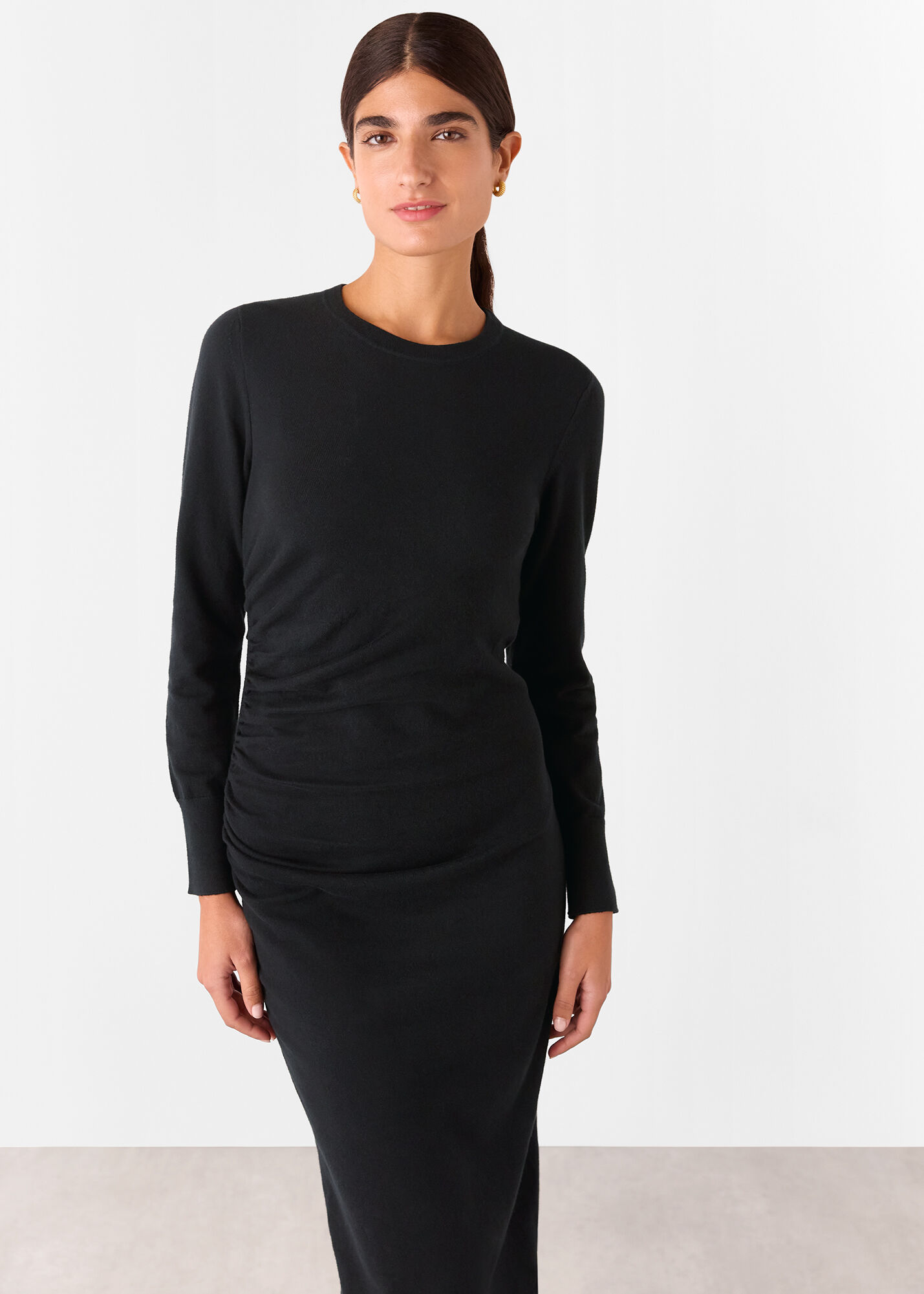 ワンピース S oneshoulder shirt knit dress Women's Black Gathered Side Midi Sweater Dress | Whistles US |