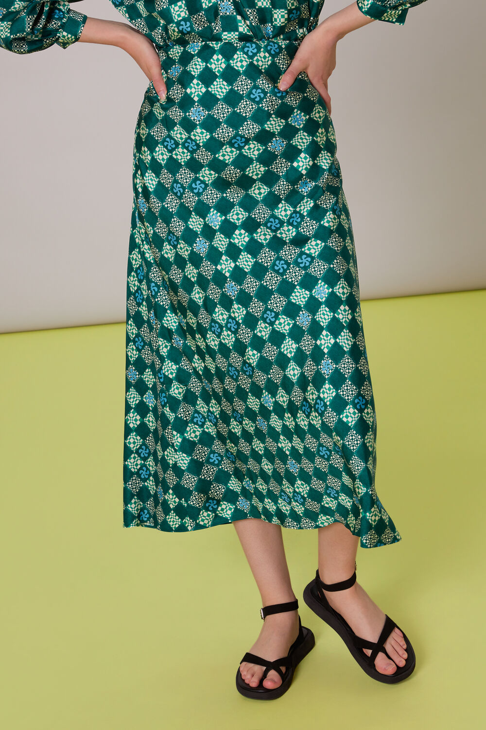 Green Silk Checkerboard Bias Skirt