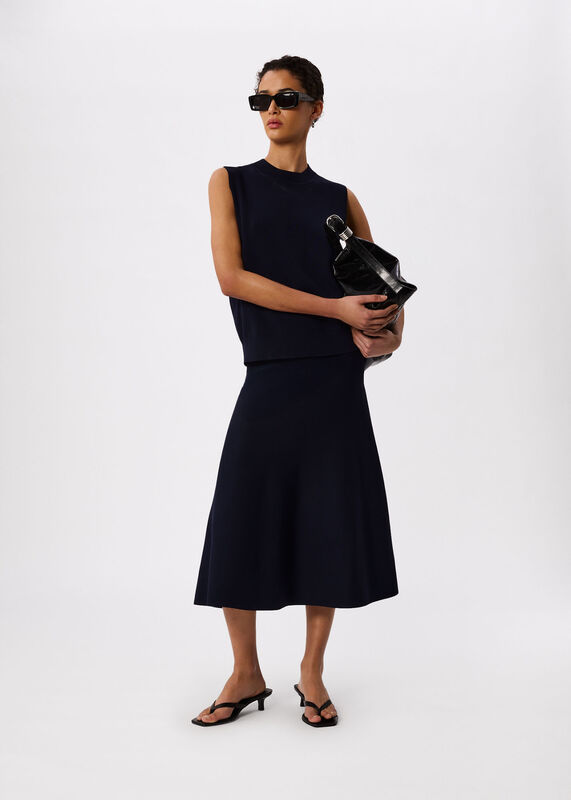 Navy Knitted Ribbed Midi Skirt
