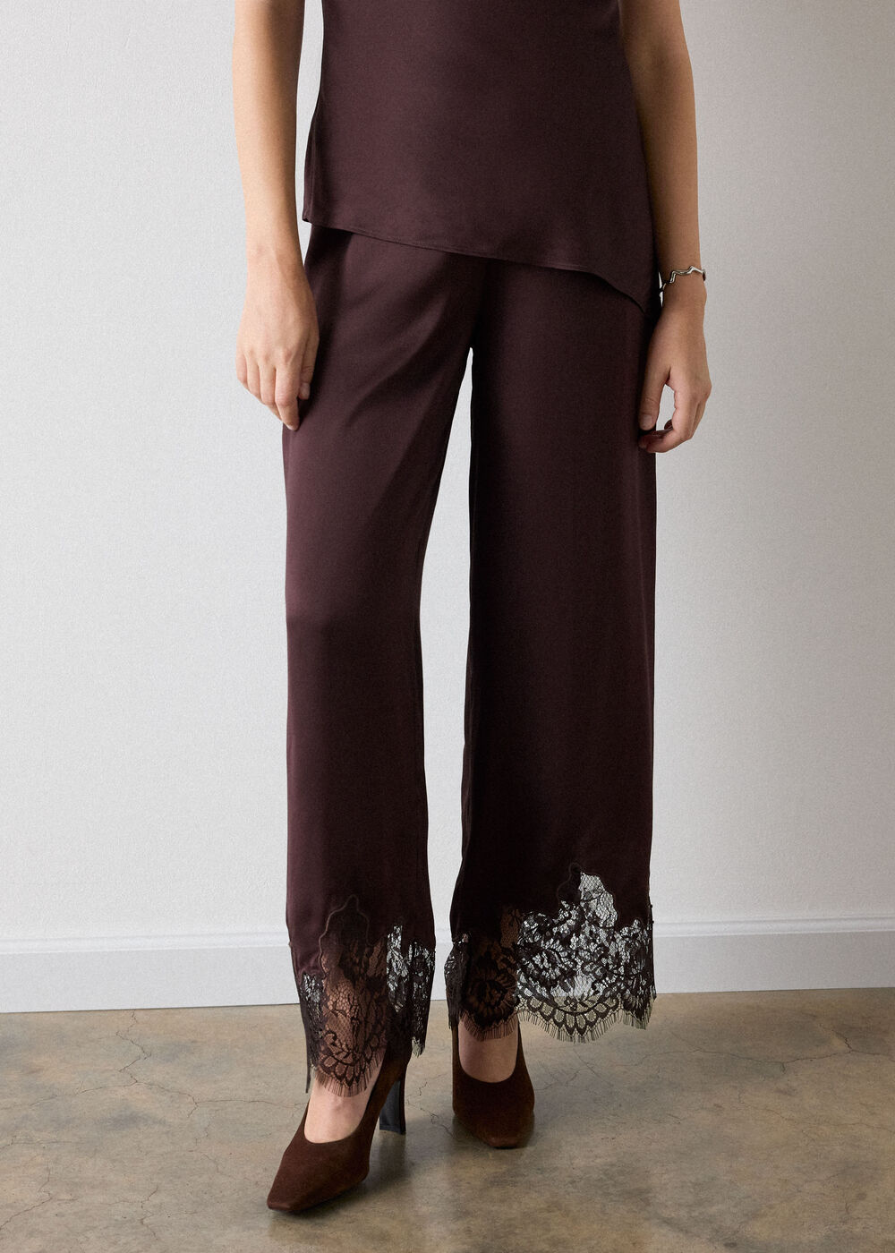 Chocolate Satin Lace Trim Trouser