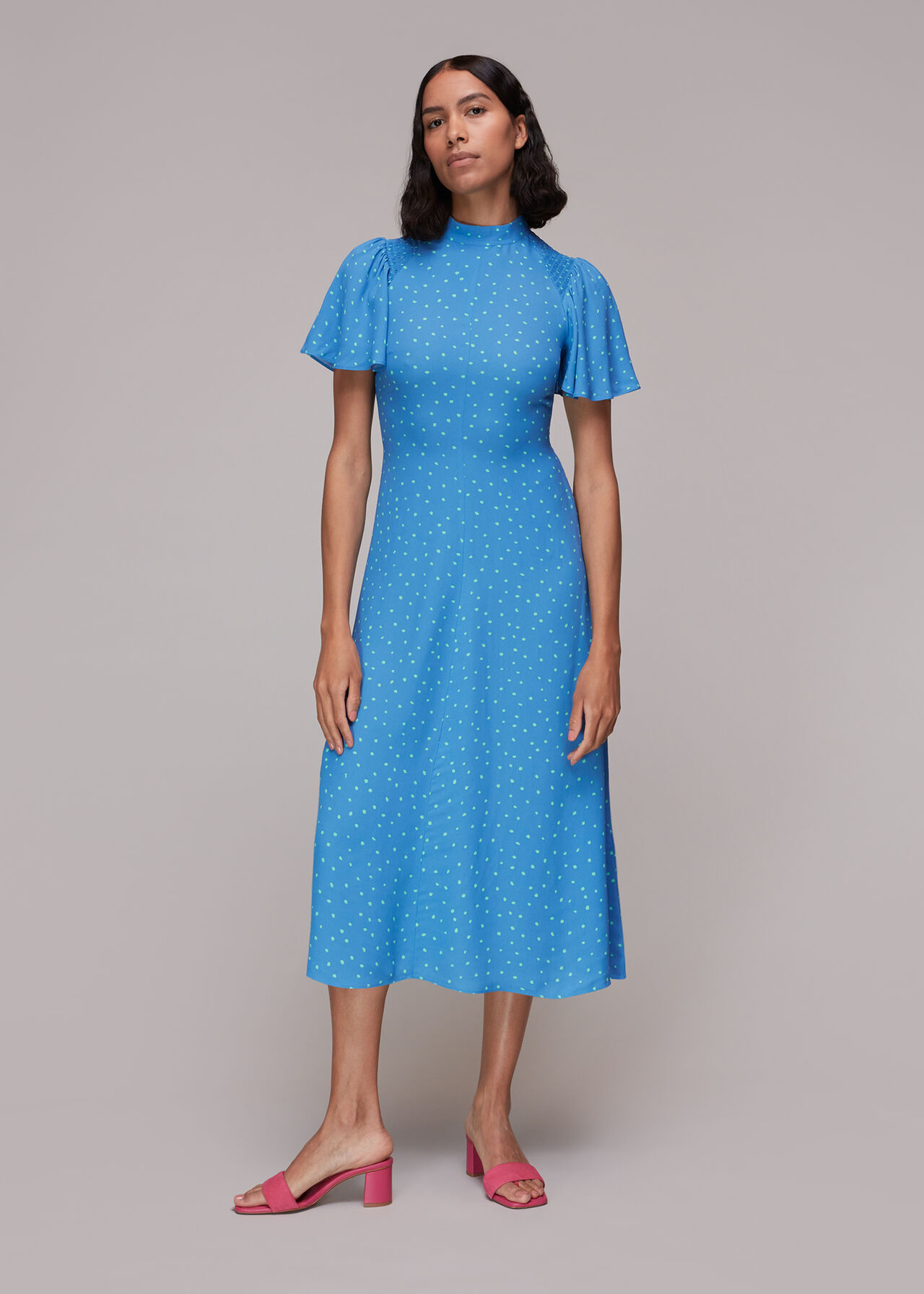 Blue/Multi Uneven Spot Print Midi Dress | WHISTLES | Whistles UK