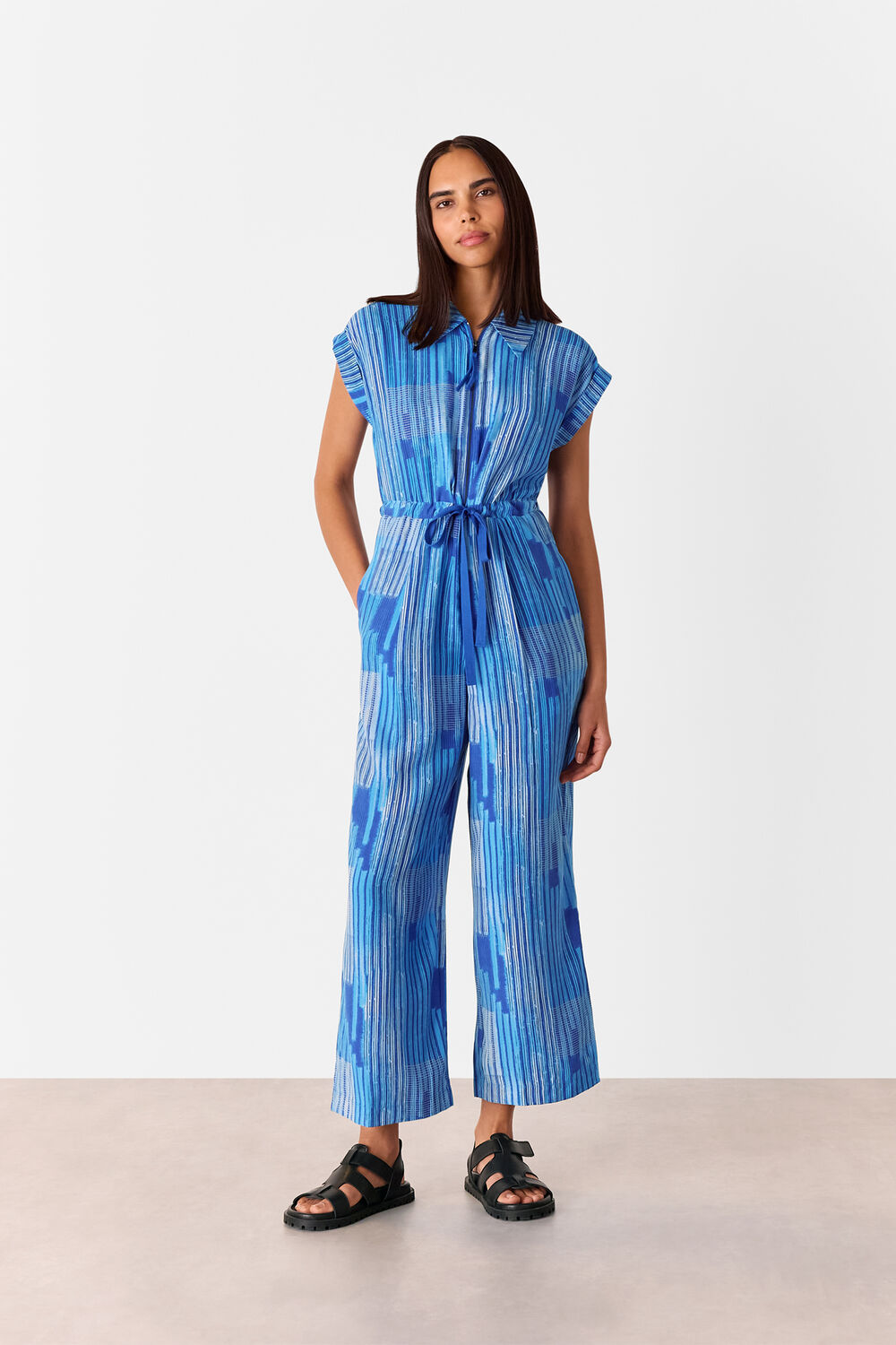 Blue Stripe Print Zip Jumpsuit