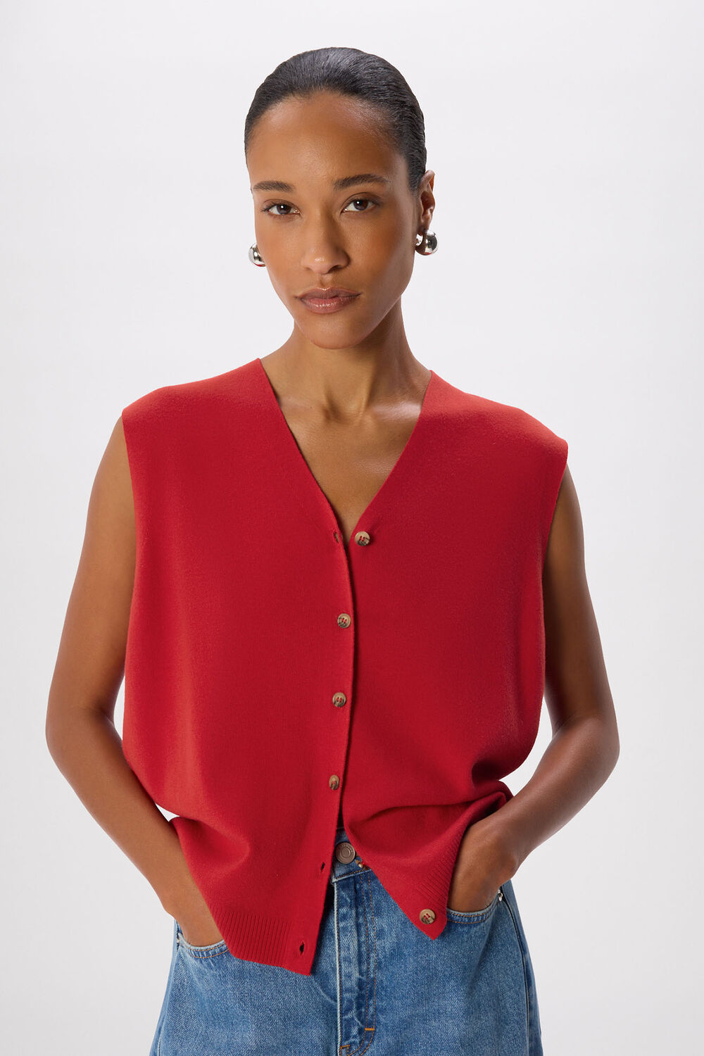 Red V Neck Button Front Knit Tank