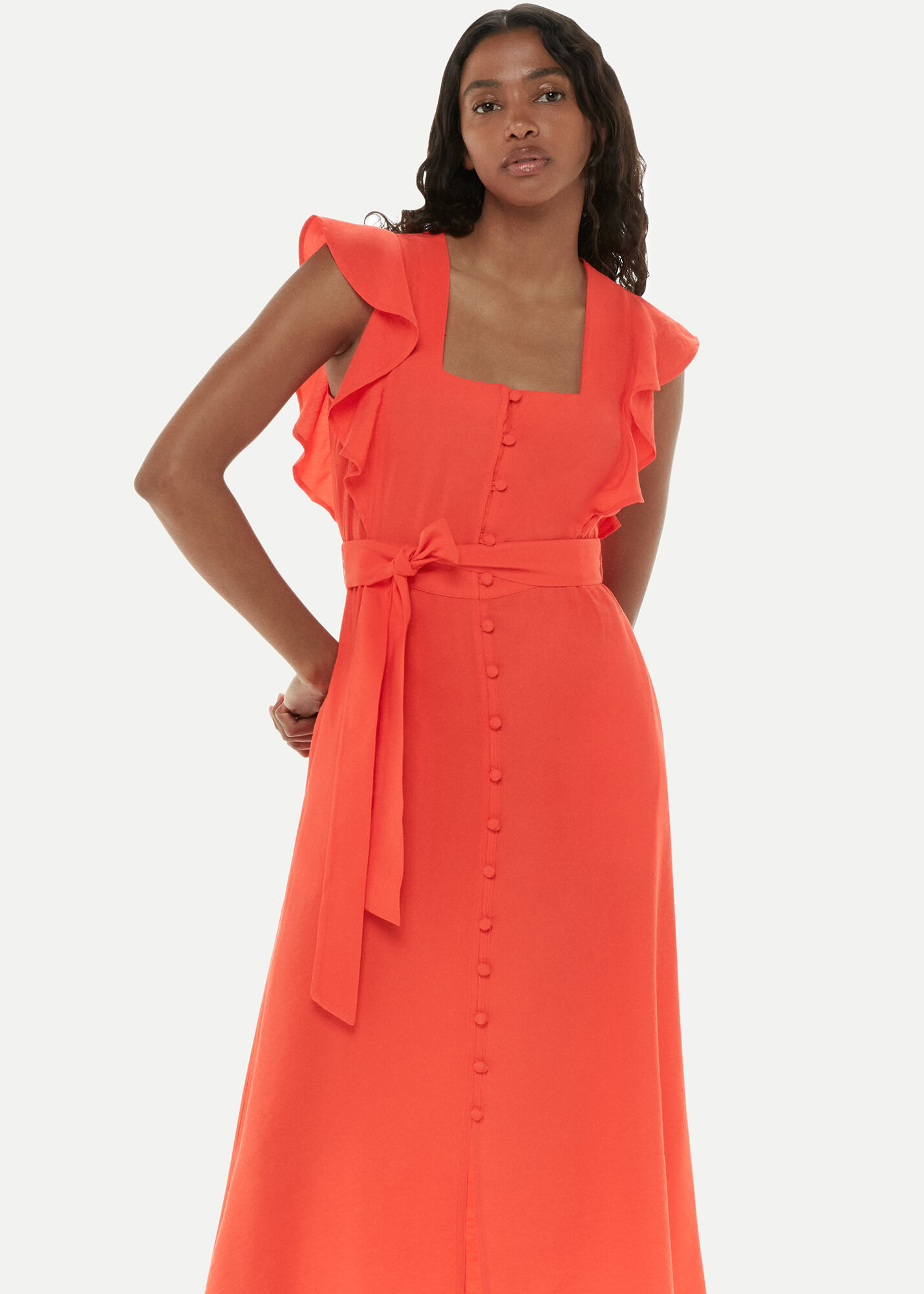 Red Sophie Frill Sleeve Midi Dress | WHISTLES | Whistles US |